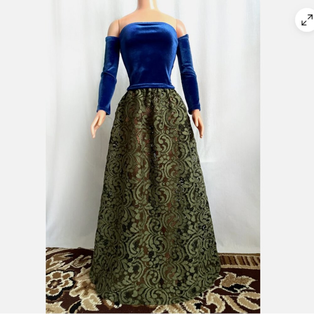 Blue velvet top, sleeves & green lace maxi skirt for My Size Barbie Doll. New